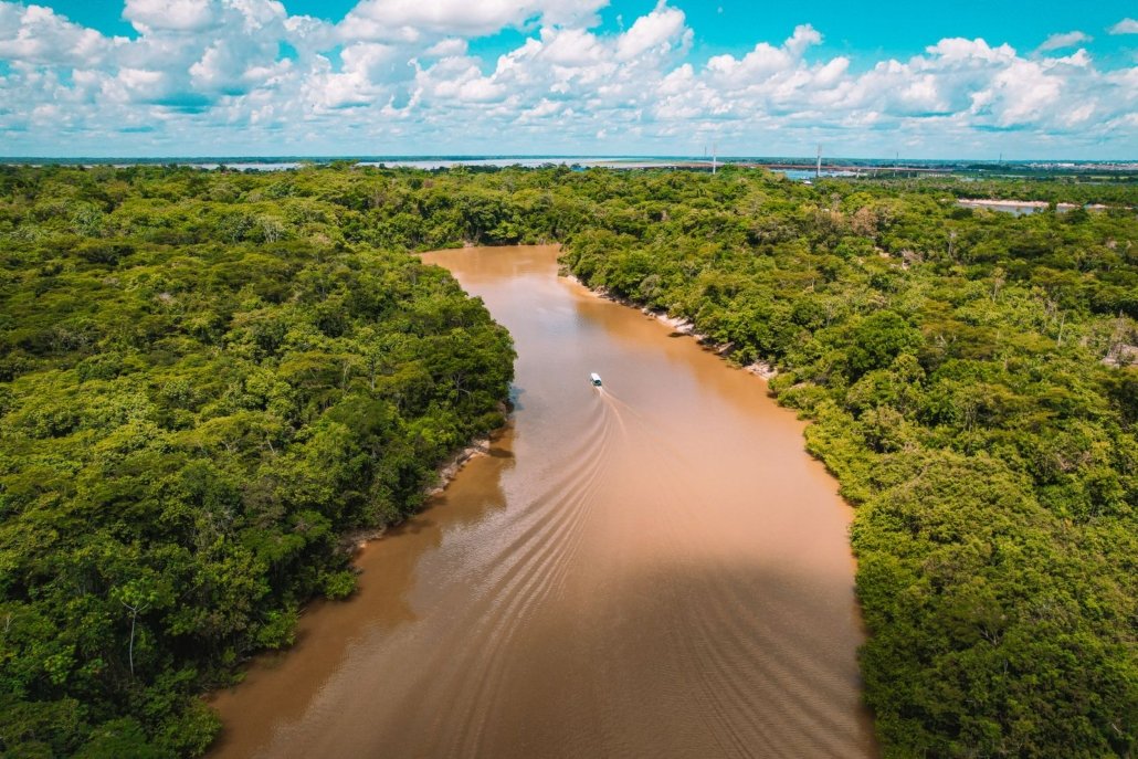Vista aérea de barco em rio cercado pela floresta amazônica