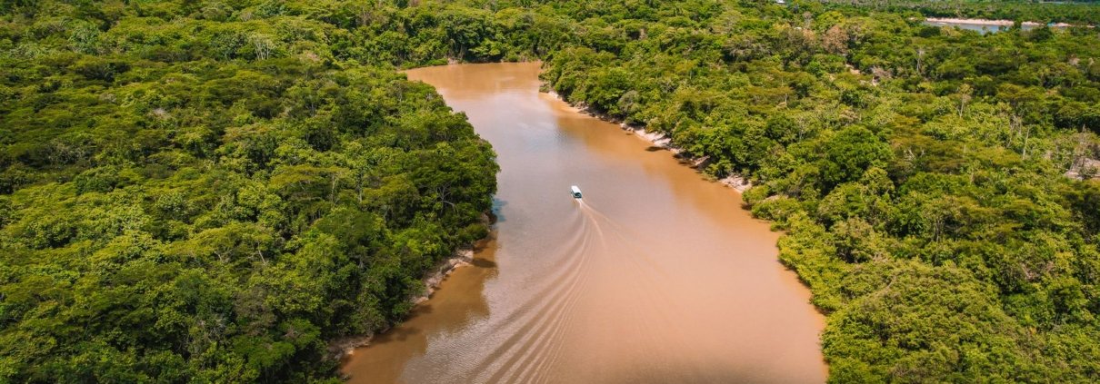 Vista aérea de barco em rio cercado pela floresta amazônica