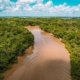 Vista aérea de barco em rio cercado pela floresta amazônica